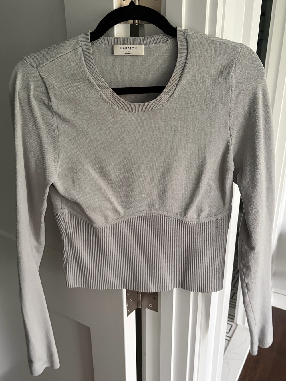Aritzia Babaton Light Gray Ribbed-Waist Crewneck Sweater